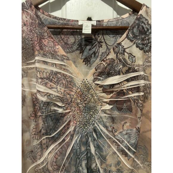 Chico’s Blouse Top Watercolor Size 2 Large Blue Pink Faux Diamond Studded 3/4 - Picture 4 of 11